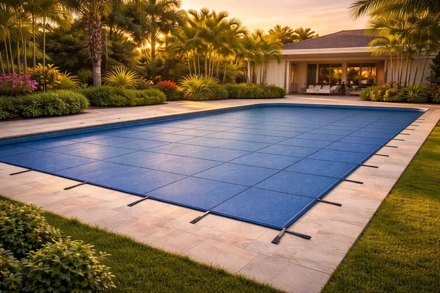 Hivernage piscine — bâche opaque et flotteurs